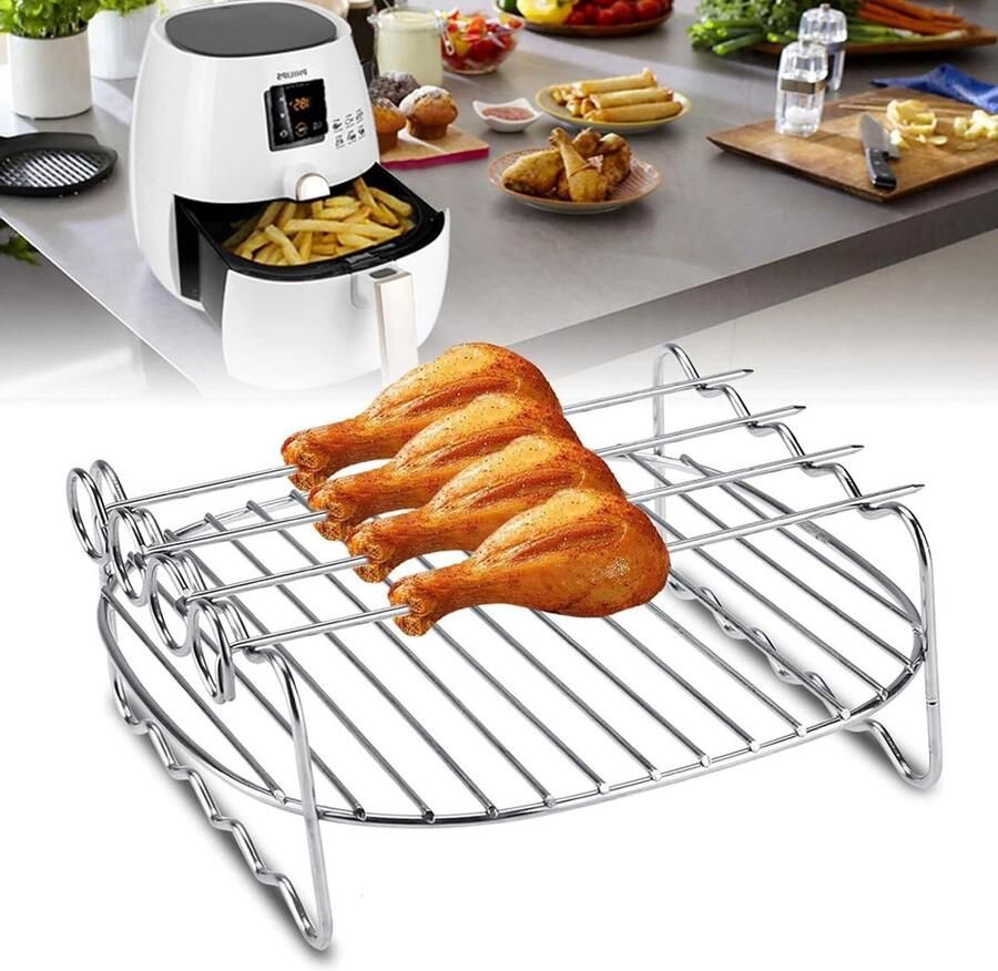 Dubbellaags Spiesrek Airfryer Accessoire Koken met Airfryer Roestvrij Staal 16.7 x 16.5 x 7 cm Zilver