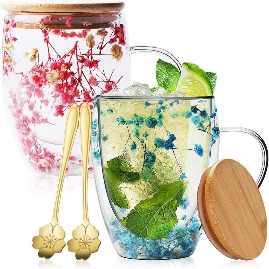 Dubbellaagse Glazen Bekers 2 Stuks 350 ml Dubbelwandige Glazen Bekers Met Lepel Deksel Koffiebeker Met Droogbloemen Doorzichtige Dubbelwandige Glazen Gedroogde Bloemen
