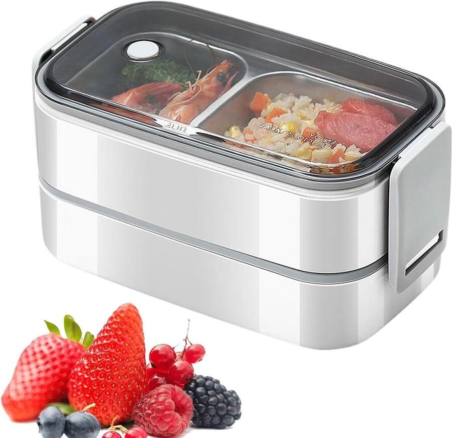 Dubbellaagse Lunchbox Draagbaar Voedselcontainer Maaltijden Opwarmen Twee Aparte Vakken 20 x 11 x 12 cm Wit