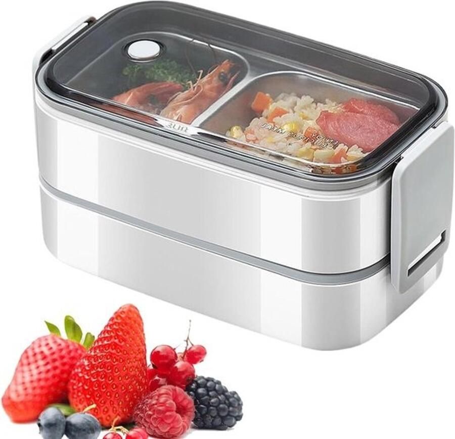 Dubbellaagse Lunchbox Draagbare voedselcontainer Maaltijden opwarmen Twee aparte vakken 20 x 11 x 12 cm Wit
