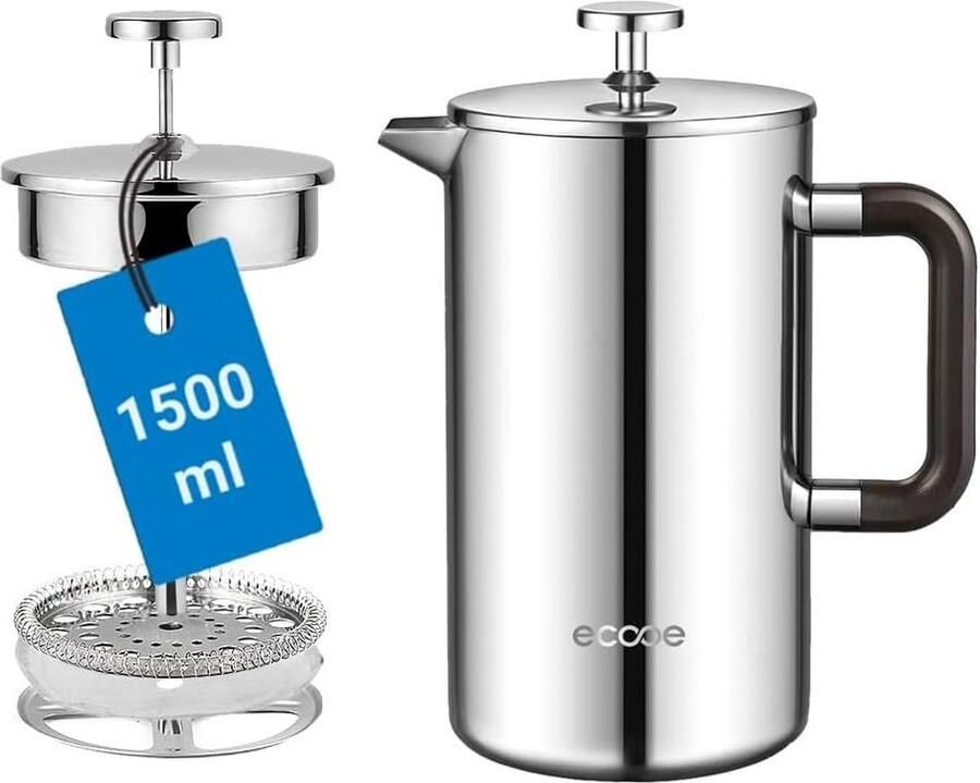 Dubbelwandige French Press Koffiezetapparaat 1 5 Liter Roestvrij Staal met 3 Filters