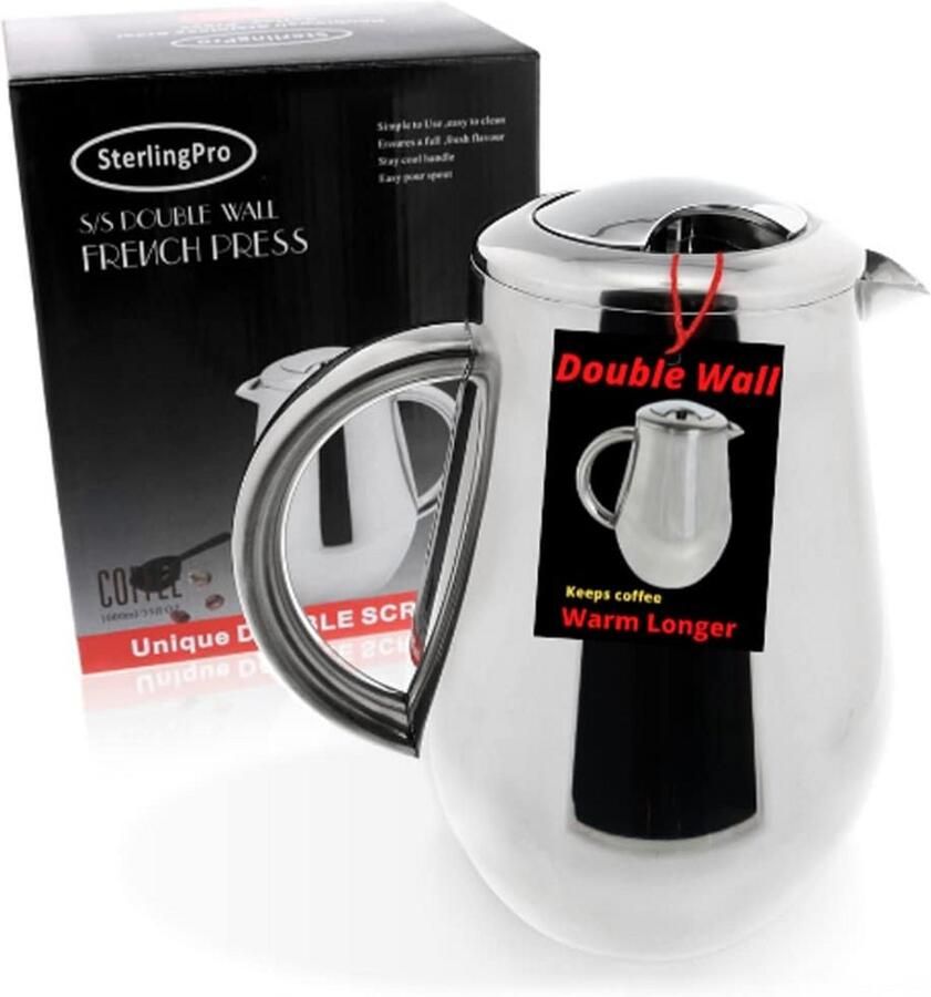 Dubbelwandige French Press Koffiezetapparaat (1L) met Gratis Filters