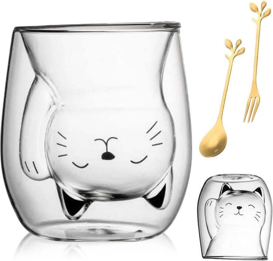 Dubbelwandige glazen kattenbeker 200 ml dubbelwandige koffieglazen schattige dubbelwandige isolatieglazen leuke mokken theeglas geïsoleerd dubbelwandig koffie-theeglazen dubbelwandig