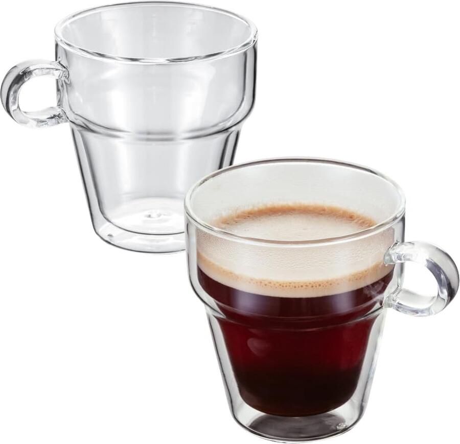 Dubbelwandige glazen koffie behandelde mokken set van 2 200ml vacuüm geïsoleerd handgemaakt ambachtelijk sterk en hittebestendig