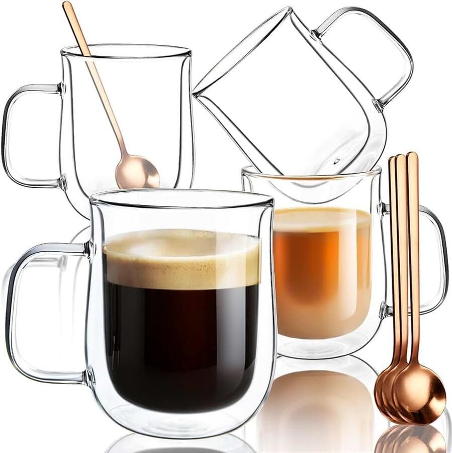 Dubbelwandige glazen koffiebekerset helder glas koffiekopjes 350 ml dubbel geïsoleerde glazen koffiemokken set van 4 voor warme dranken