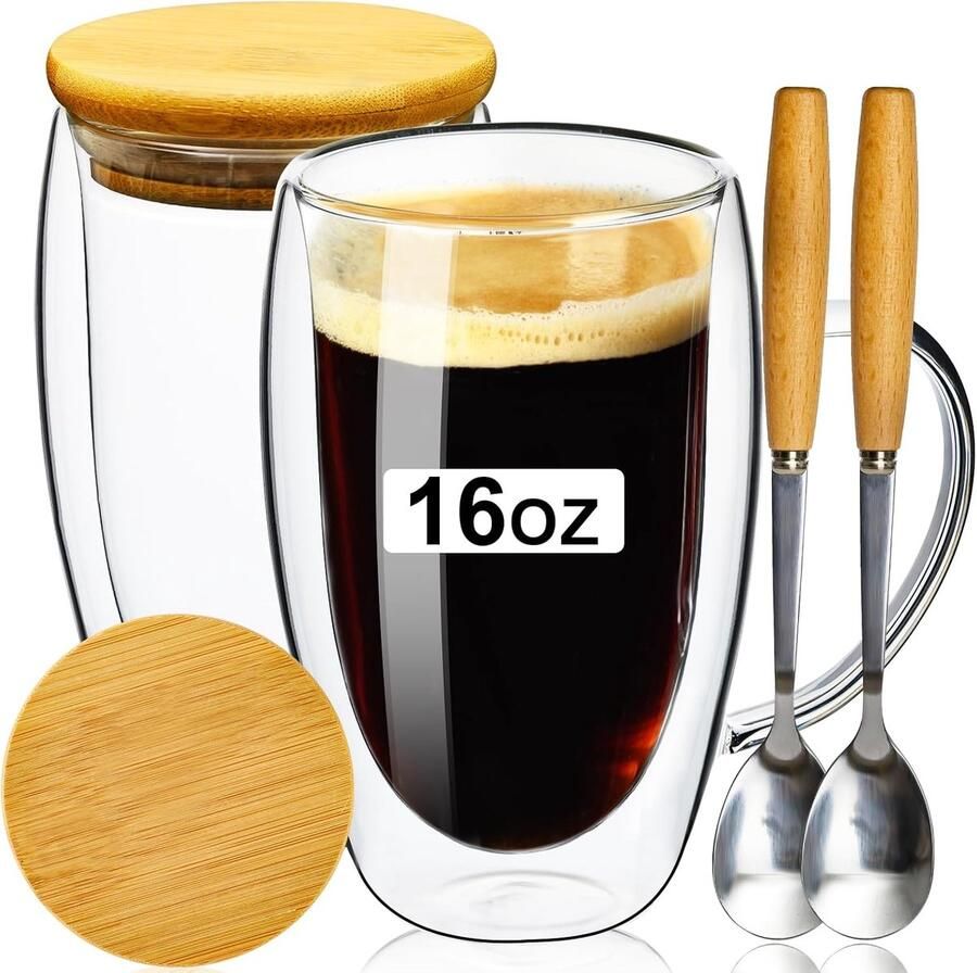 Dubbelwandige glazen koffiemokken 16 oz met bamboe deksel lepel glazen koffiekopjes set van 2 met handvat geïsoleerde heldere koffiemok perfect voor latte cappuccino espresso warme