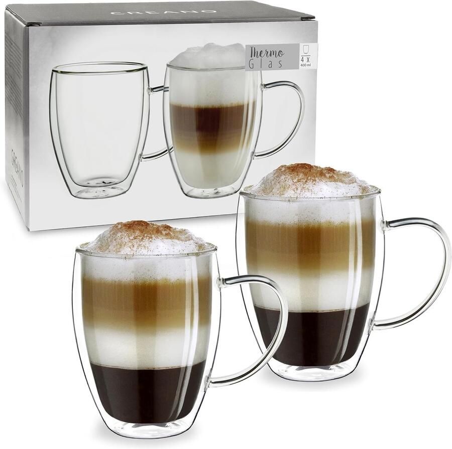 Dubbelwandige Glazen met Oor XXL 400ml – Set van 2 Grote Thermoglazen voor Latte Macchiato & Thee – Borosilicaatglas – Set van 2