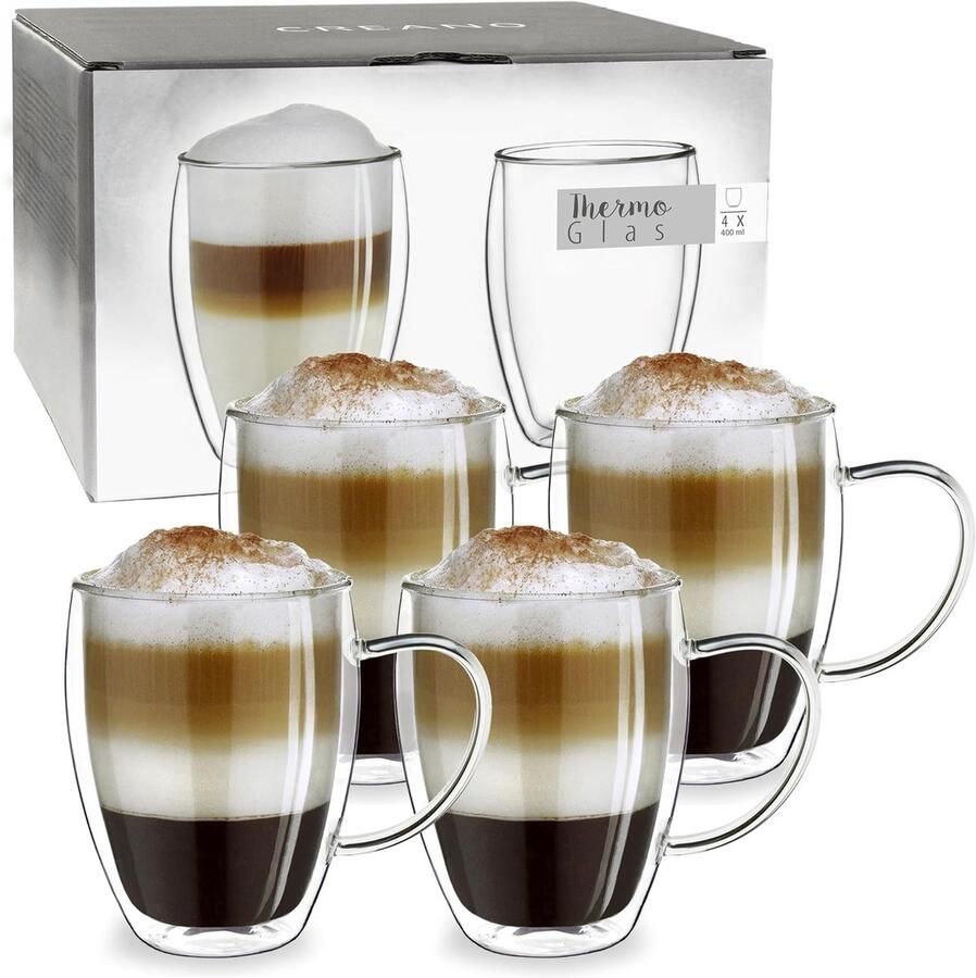 Dubbelwandige Glazen met Oor XXL 400ml – Set van 4 Grote Thermoglazen voor Latte Macchiato & Thee – Borosilicaatglas – Set van 4