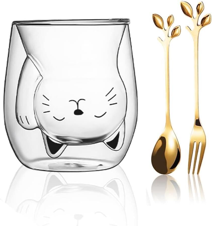Dubbelwandige glazen mok schattige kattenkopjes theeglazen koffieglas 200 ml koffiemok dubbelwandig borosilicaatglas isolatieglazen drinkglazen verjaardagscadeaus voor kinderen