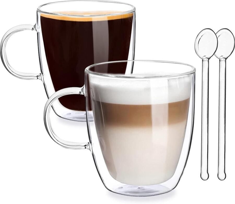 Dubbelwandige glazen set van 2 thermoglas met handvat borosilicaatglas koffieglas met glazen lepel voor latte cappuccino melk thee sap ijs