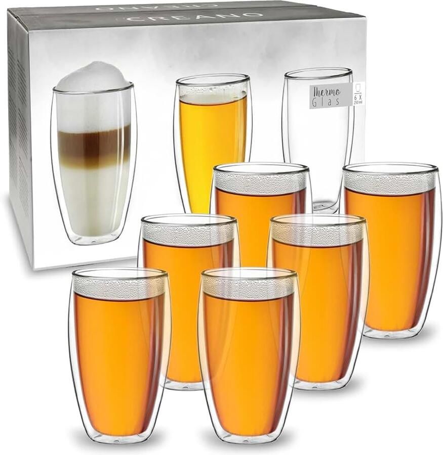 Dubbelwandige Glazen Super Hoog 250ml – Set van 6 Slanke Thermoglazen voor Espresso Koffie & Thee – Isolerend Borosilicaatglas – Set van 6