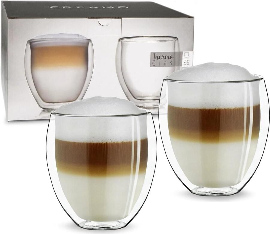 Dubbelwandige Koffieglazen 250ml – Set van 2 Ronde Thermoglazen voor Cappuccino Koffie & Thee – Handgeblazen Isolerende Glazen – Set van 2