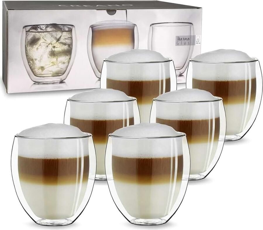 Dubbelwandige Koffieglazen 250ml – Set van 6 Ronde Thermoglazen voor Cappuccino Koffie & Thee – Handgeblazen Isolerende Glazen – Set van 6