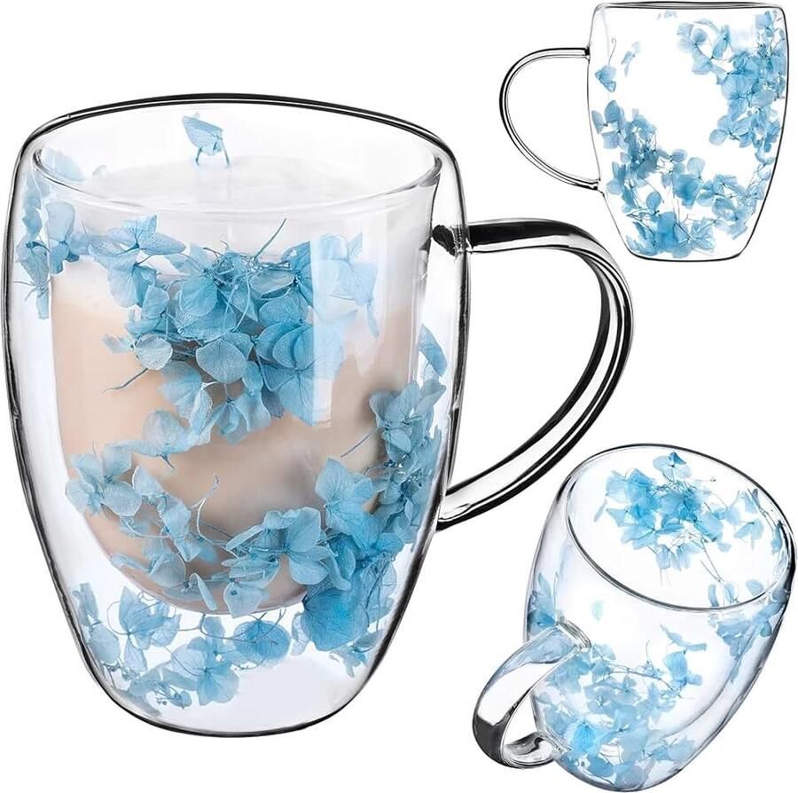 Dubbelwandige koffieglazen 350 ml 1 stuk thermoglazen voor thee en koffie borosilicaatglas koffiebeker met gedroogde bloemen theekop (blauw)