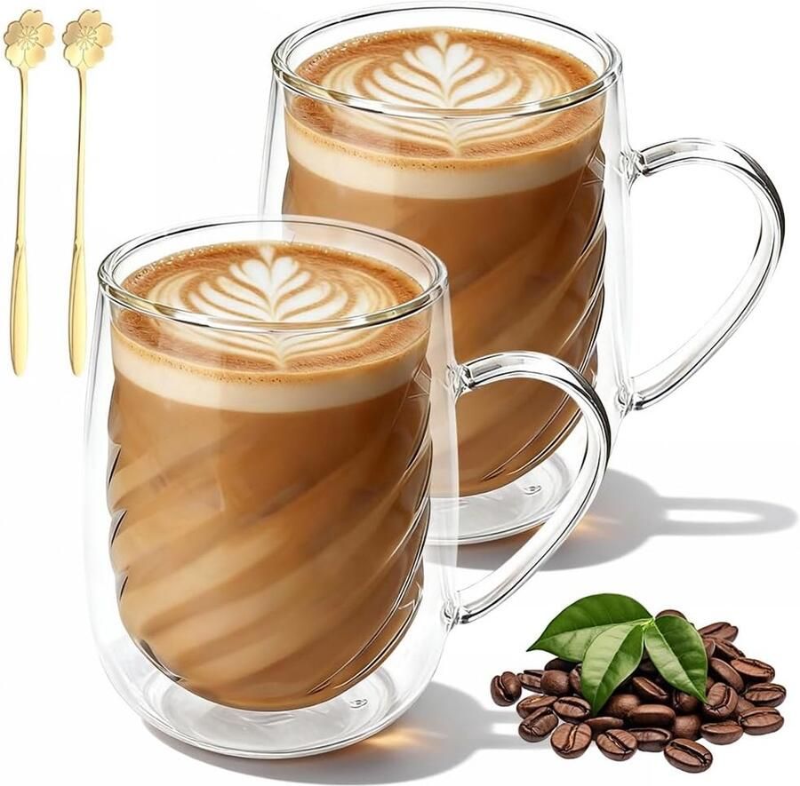 Dubbelwandige koffieglazen 350 ml dubbelwandige koffieglazen theeglazen met handvat en lepels borosilicaatglas dubbelwandig voor cappuccino thee espresso melk bier (2 stuks)