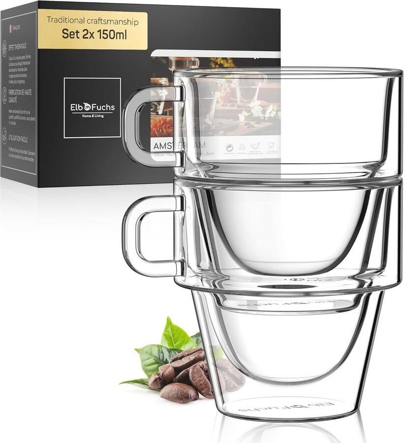 Dubbelwandige Koffiekopjes 150ml Stapelbaar Glazen Espresso en Moka Kopjes