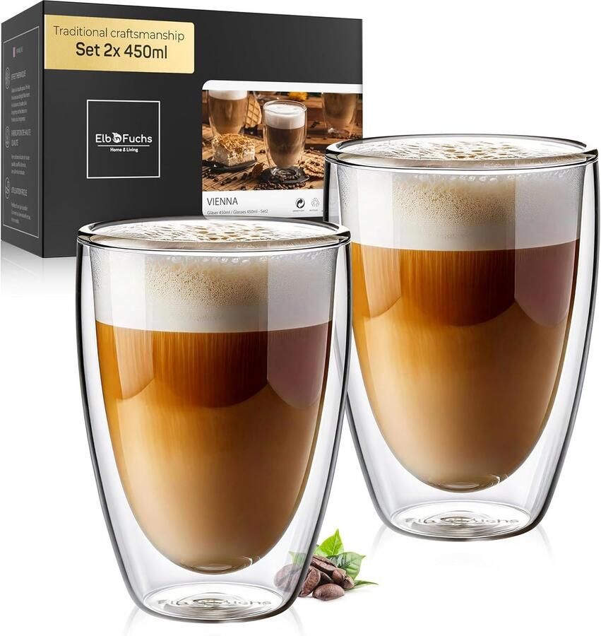 Dubbelwandige latte macchiato glazenset 2 x 450 ml kristalheldere thermoglazen dubbelwandig ideaal als cappuccinoglazen koffieglazen theeglazen