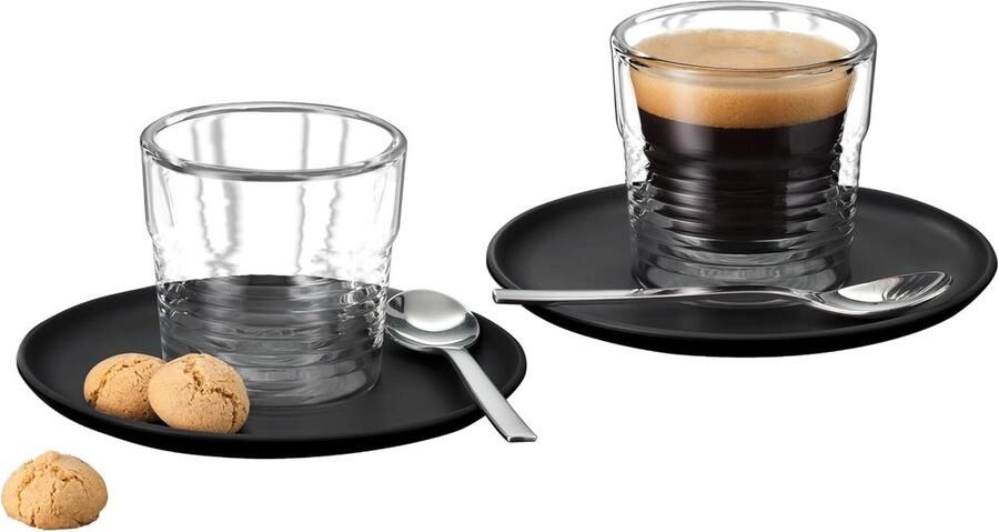 Dubbelwandige thermoglazen 2 x 75 ml espressoglazen met 2 schoteltjes en 2 theelepels kopjes koffieglas espresso van borosilicaatglas vaatwasmachinebestendig