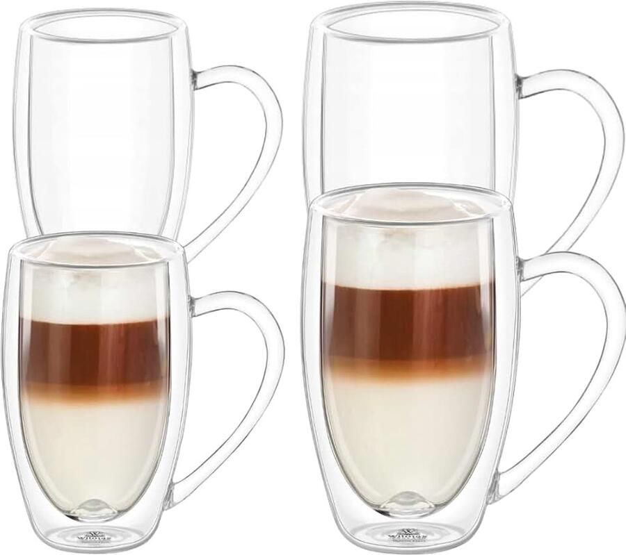 Dubbelwandige thermoglazen met handvat latte macchiato-glazen cappuccinoglazen koffieglazen theeglazen drinkglazen thermobeker set van 2 x 400 ml en 2 x 500 ml