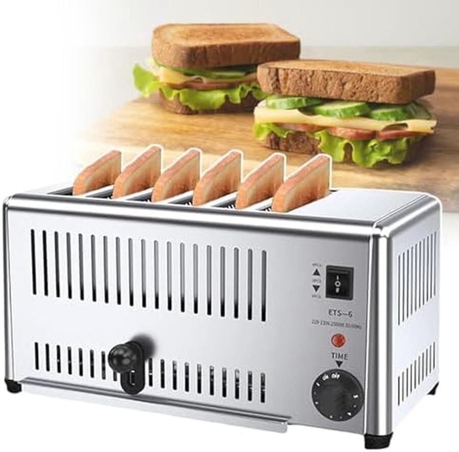 Dubbelzijdig Broodrooster 6-Slots Toaster Ontbijt Bereiden Verwarmt Beide Kanten Tegelijk 44x22x22cm Zilver