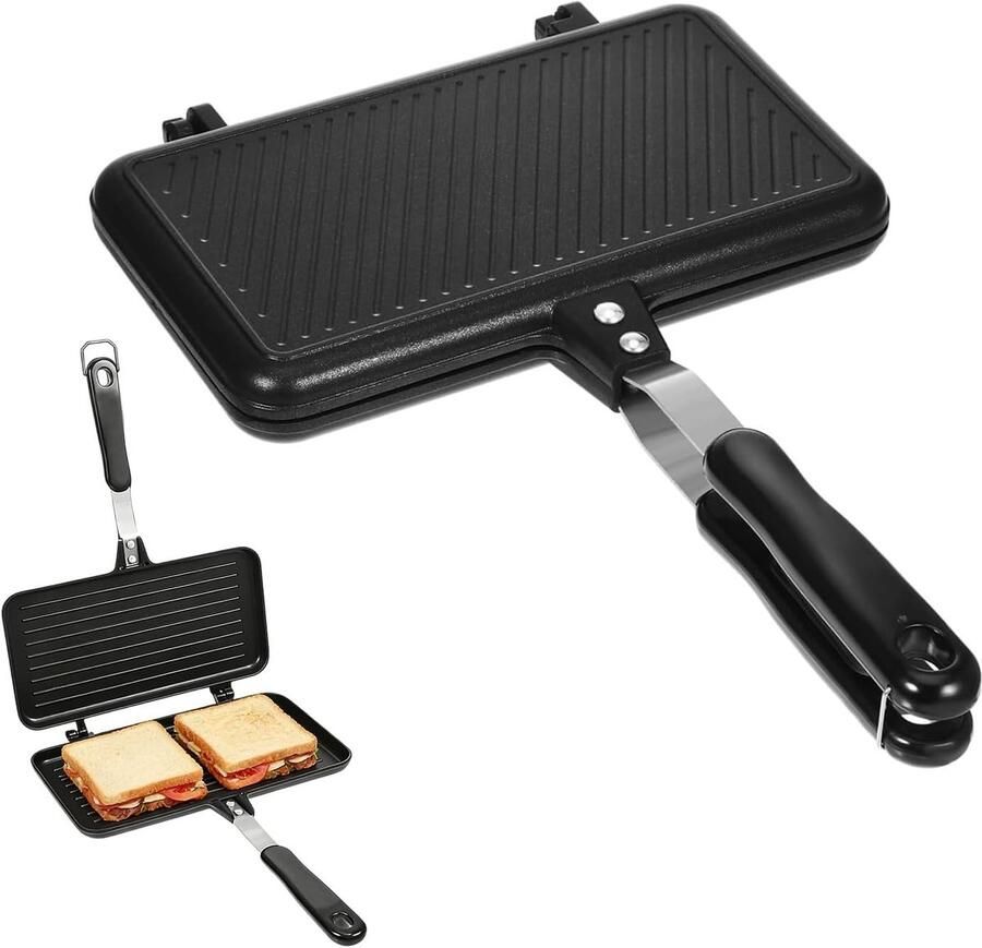 Dubbelzijdig Sandwichmaker Zwart 37 x 25 x 4 cm Aluminium Tosti-IJzer met Antiaanbaklaag Voor Keuken en Camping