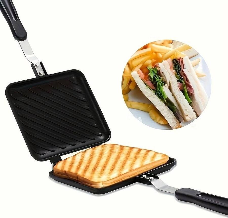 Dubbelzijdig Tosti IJzer voor Gasfornuis Sandwich Maker Anti-aanbak Aluminium 15 x 13.5 cm Handmatig Toaster voor Camping & Keuken Zwart