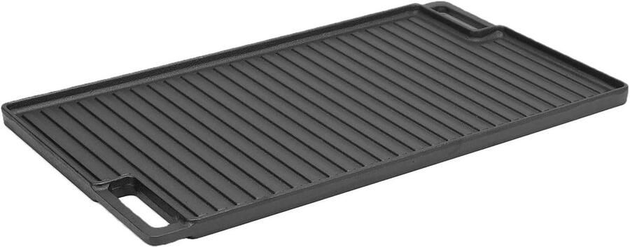 Dubbelzijdige Bakplaat Gietijzeren Grillpan Buiten Koken Gladde en Geribbelde Kant 45.5x25.5cm Zwart