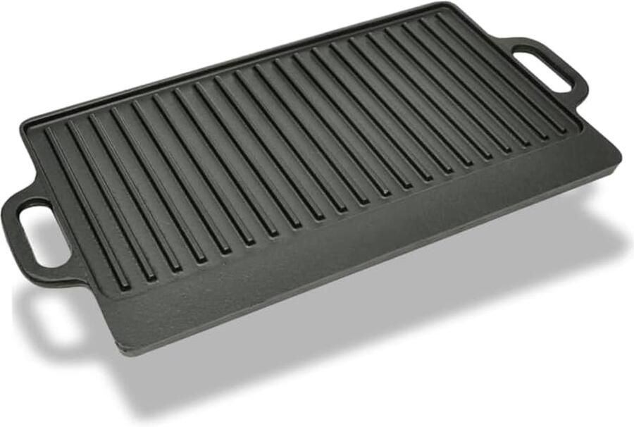 Dubbelzijdige Bakplaat Gietijzeren Grillpan Vlees Grillen Geribbeld Glad Oppervlak 50 x 23 cm Zwart