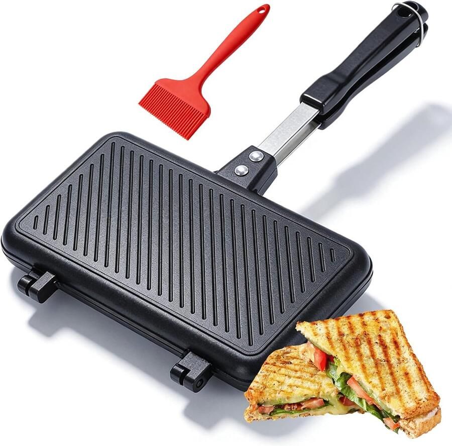 Dubbelzijdige braadpan Sandwichmaker grillpan Ontbijt maken Afneembare handgreep 37 x 25 cm Zwart