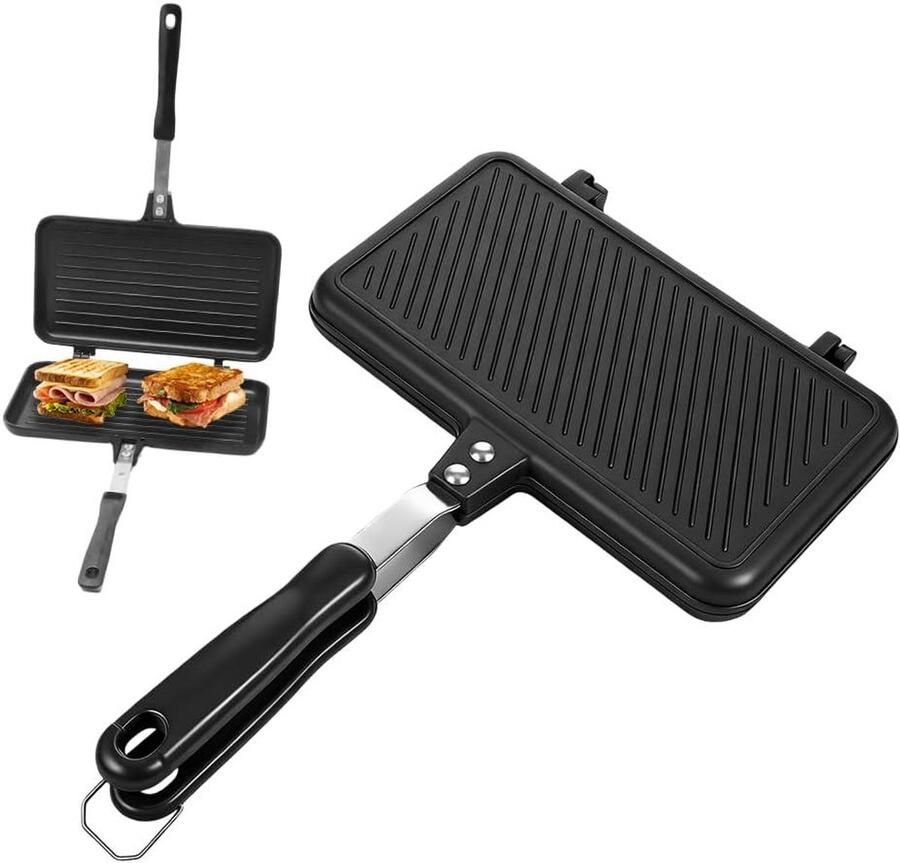 Dubbelzijdige Braadpan Sandwichmaker Pan Ontbijt Maken Hittebestendige Handgreep 24 x 13.5 cm Grijs