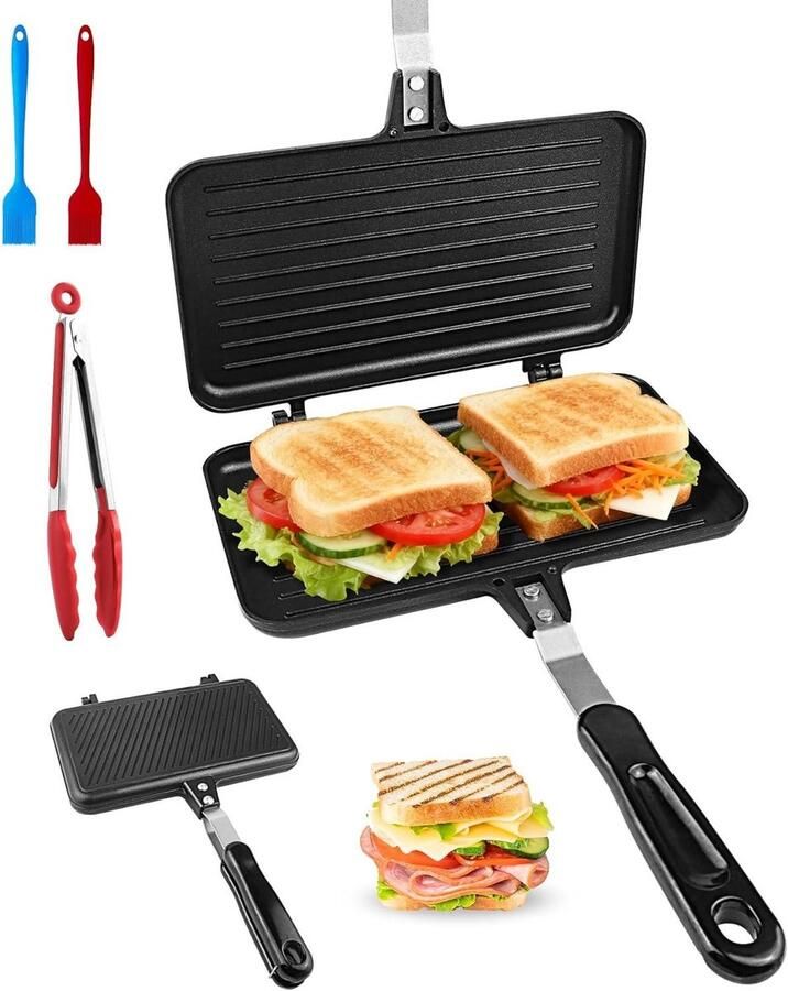 Dubbelzijdige Braadpan Sandwichmaker Toastpan Ontbijt Maken Antiaanbaklaag 35.5x24x3 cm Zwart