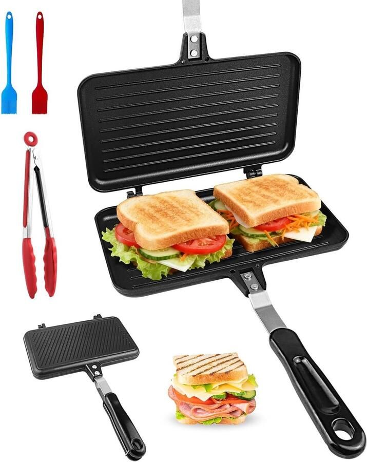 Dubbelzijdige Casserole Set met RVS Keukentangen en Siliconen Kwasten Toastpan met Hittebestendige Handgreep voor Thuis en Ontbijt Ideaal voor Koken en Bakken