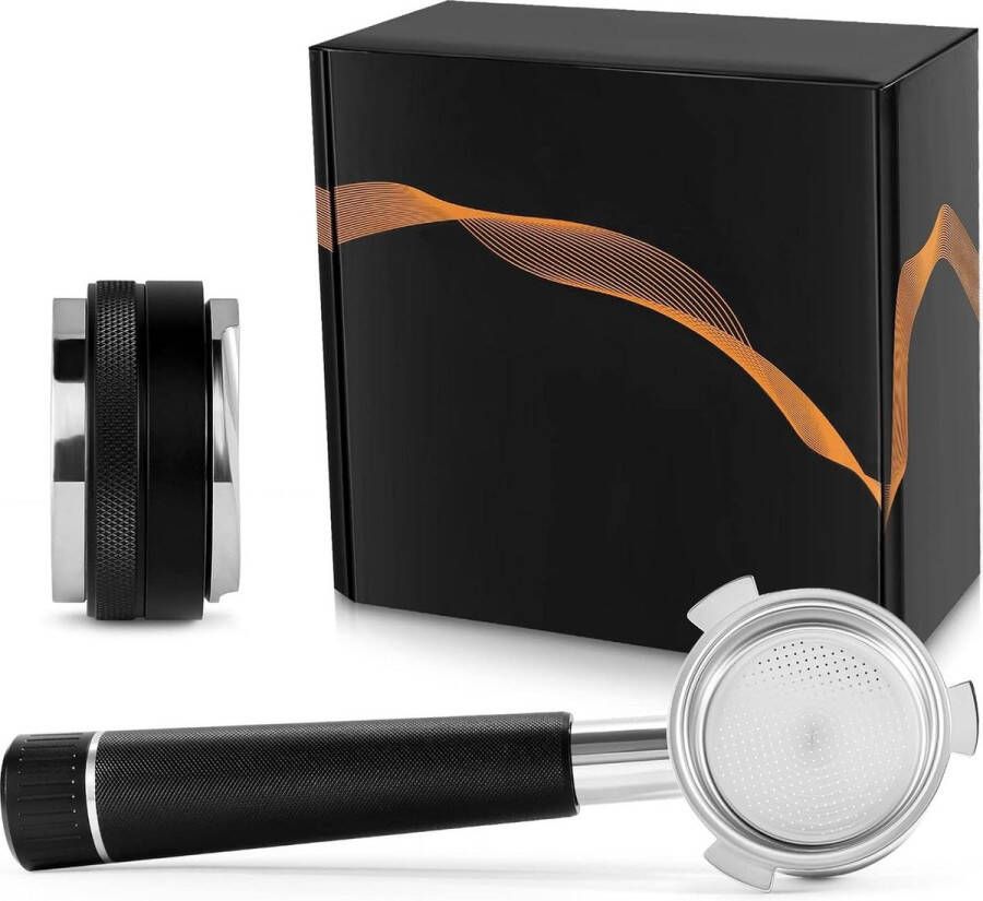 Dubbelzijdige Geschenkdoos 2-in-1 Koffie Distributeur 51mm Bodemloze Portafilter Compatibel voor Delonghi 9-serie RVS Espressomachine Houten Handvat 2 Kopjes Filter Zwart Set van 3 Coffee Portafilter