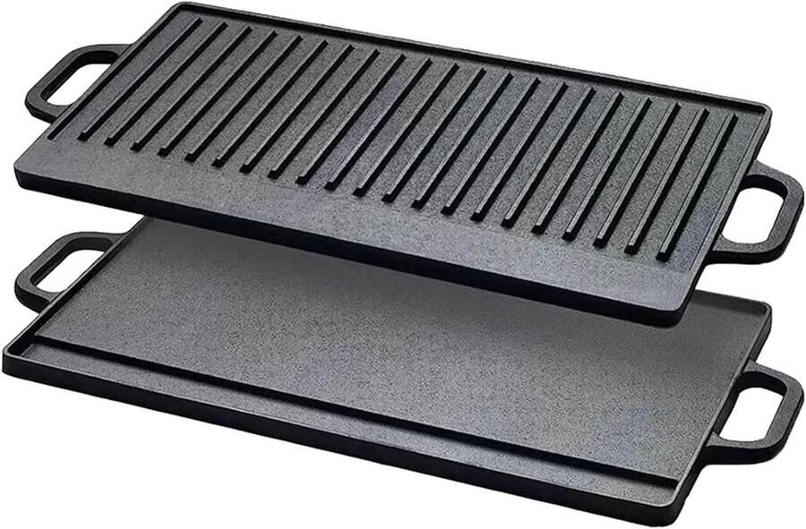 Dubbelzijdige gietijzeren grillplaat veelzijdige bakplaat met handgrepen voor steaks eieren pannenkoeken ideaal barbecuegereedschap (L)