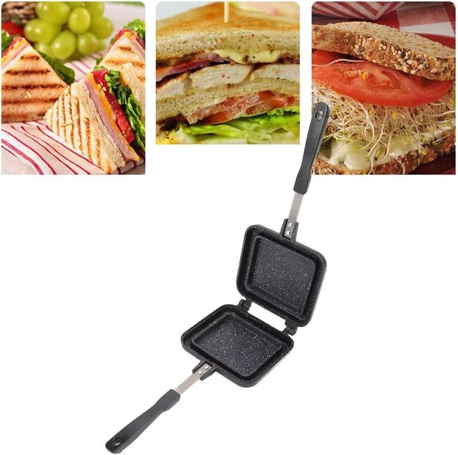 Dubbelzijdige Koekenpan Sandwich Pan Broodjes Bakken Afneembare Handgrepen 35x15 cm Rood