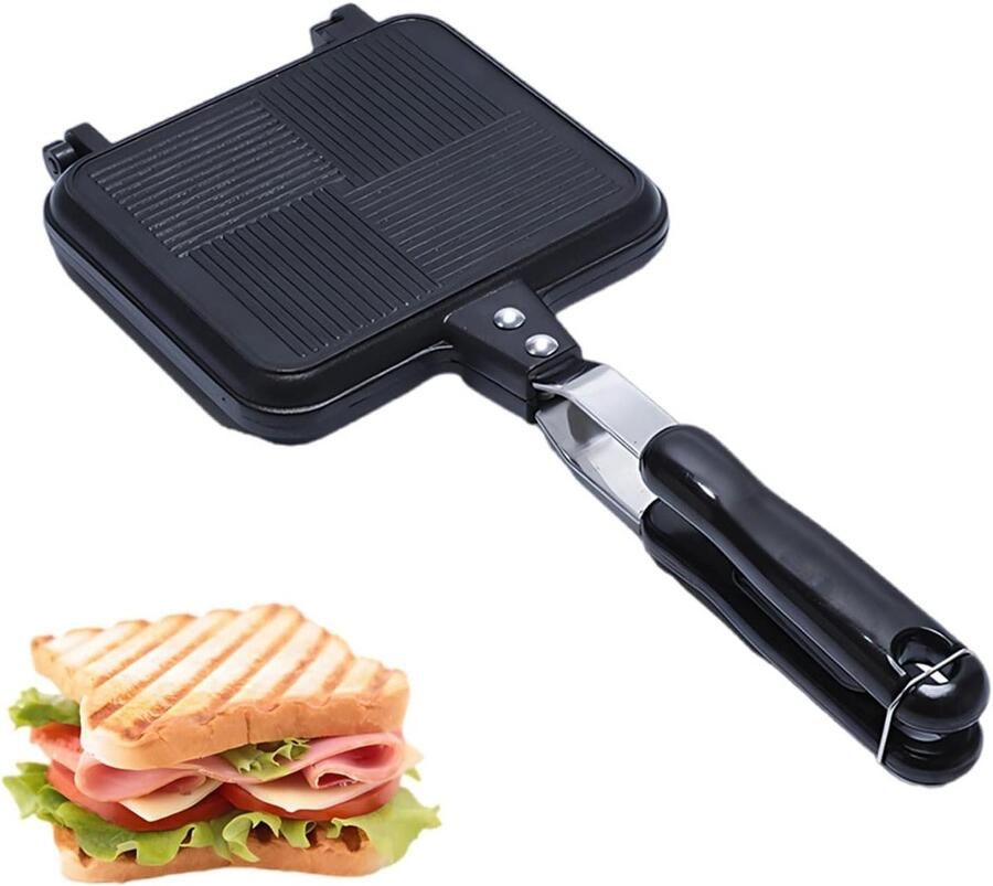 Dubbelzijdige Koekenpan Sandwichmaker Grill Ontbijt Maken Antiaanbaklaag 34.5 cm Zwart