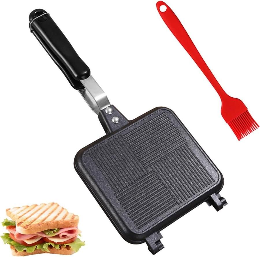 Dubbelzijdige Koekenpan Tosti Maker Lekker Koken Verwijderbaar Ontwerp 35 x 15 cm Zwart