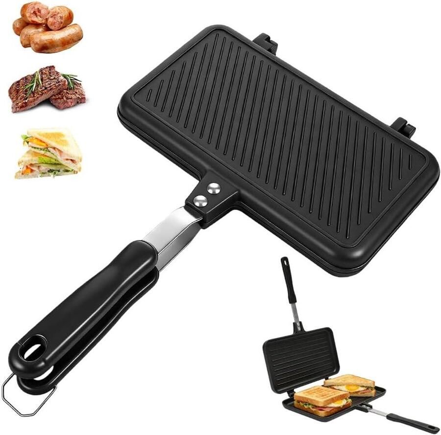 Dubbelzijdige Pan Sandwichmaker Grill Ontbijt Maken Antiaanbaklaag 35 cm Zwart