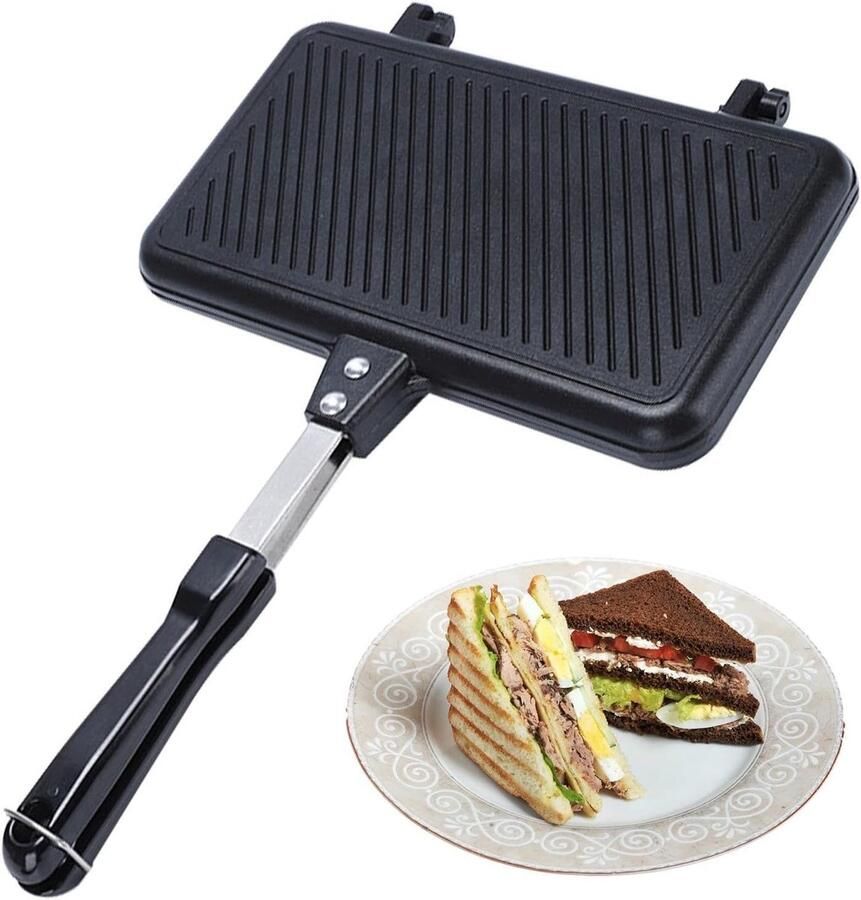 Dubbelzijdige Pan Sandwichmaker Wafelpan Ontbijt Maken Afneembaar Ontwerp 24 cm Breed Zwart