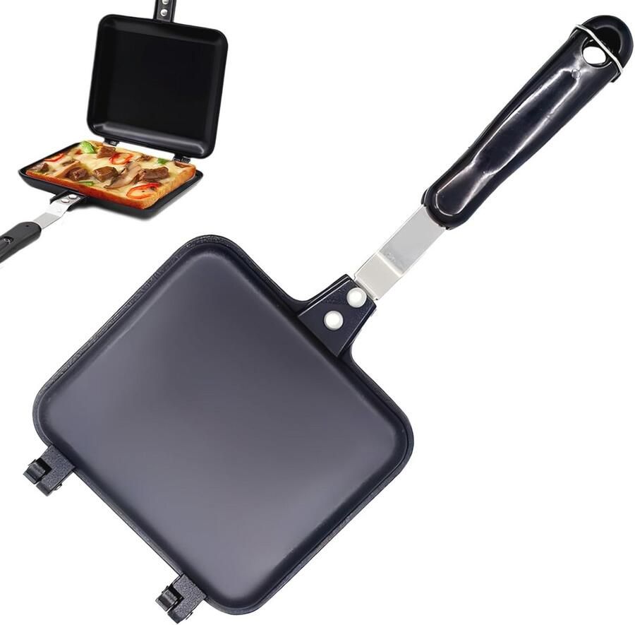 Dubbelzijdige pan voor gemakkelijk draaien van broodjes met hittebestendige handgrepen