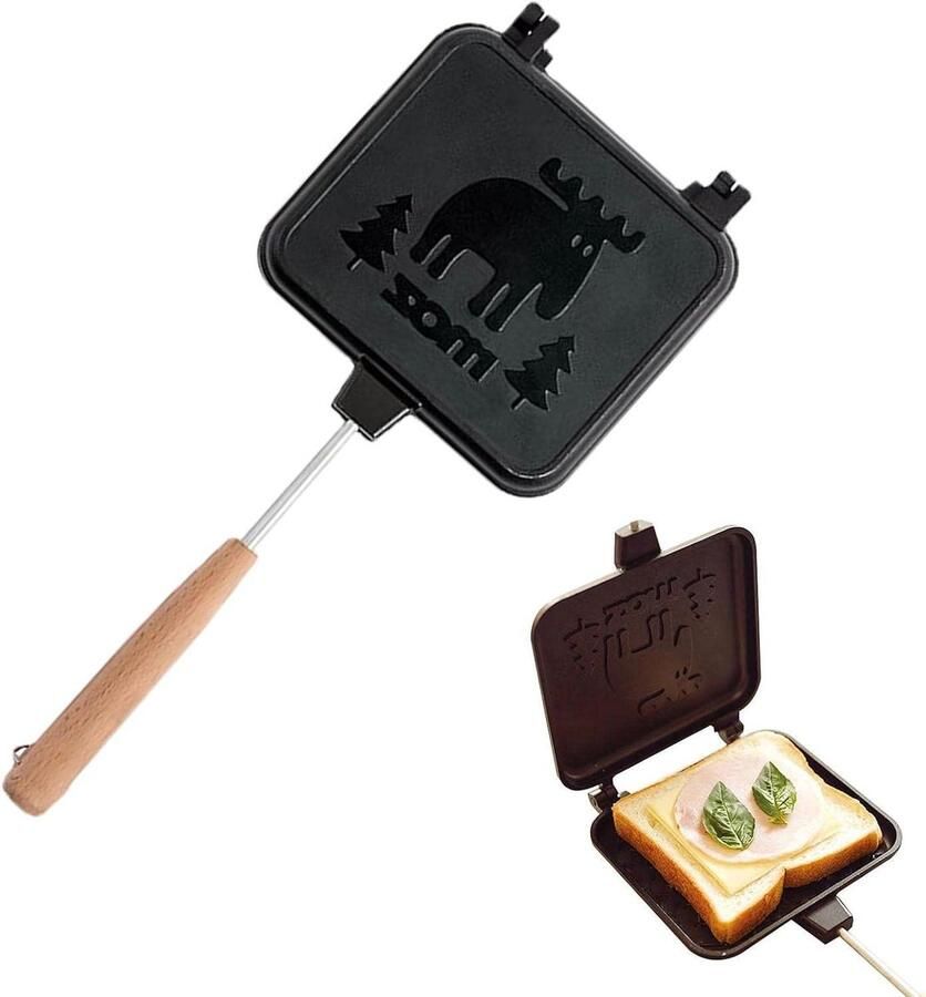 Dubbelzijdige Sandwich Pan Tosti-ijzer Afneembaar Sandwiches Maken Houten Handvat Hittebestendig 14 cm Diameter Zilver