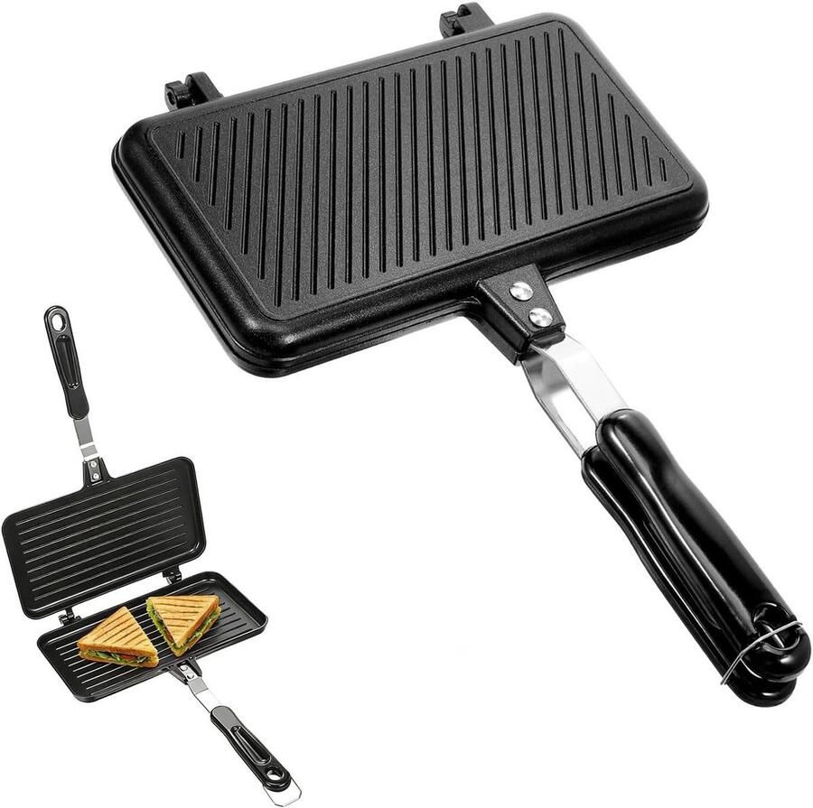 Dubbelzijdige Sandwichmaker Broodrooster Pan Sandwiches Maken Inklapbaar Aluminium 60x40x10mm Zwart