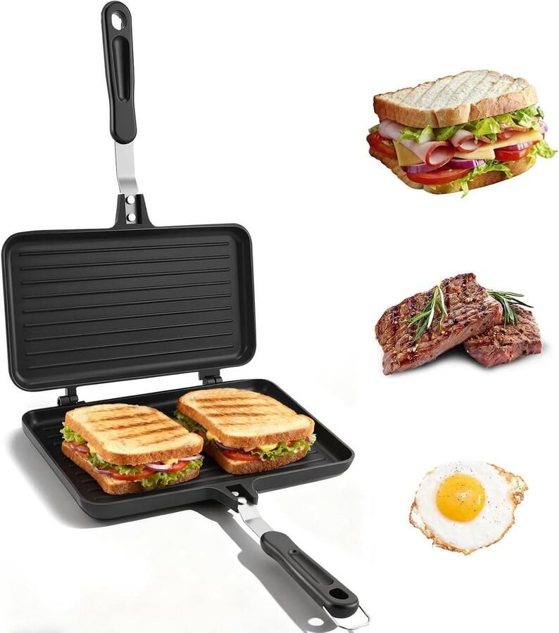 Dubbelzijdige Sandwichmaker Panini Pan Snelle Maaltijden Antiaanbaklaag 24 x 13.5 cm Zilver