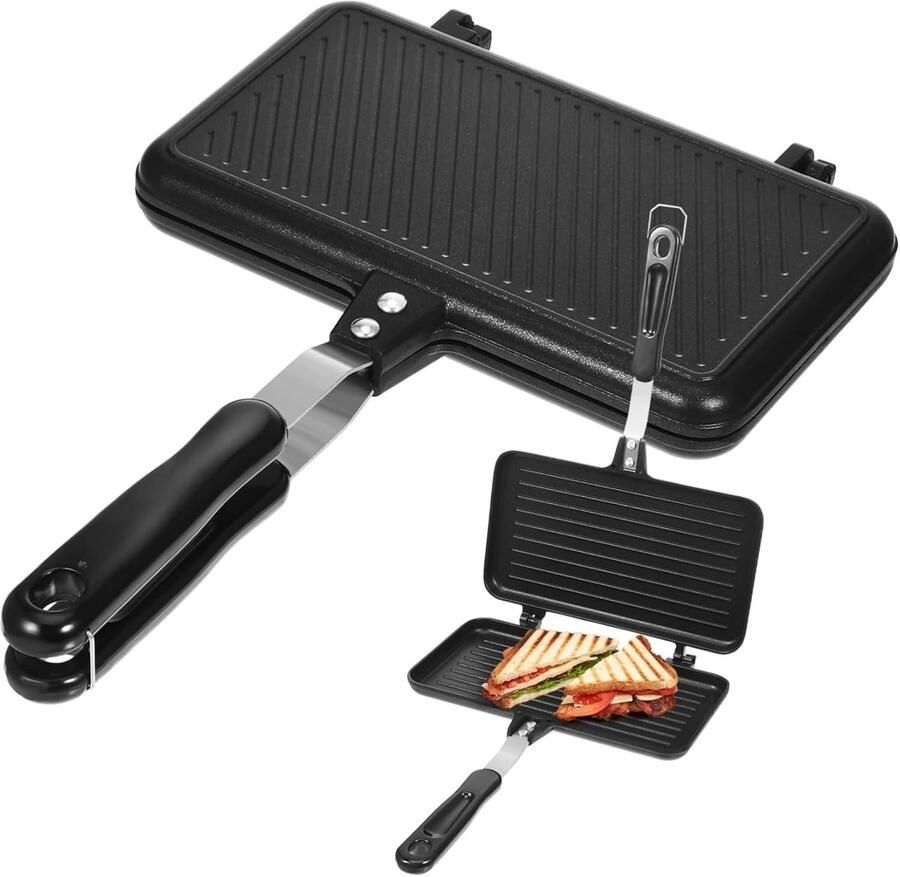 Dubbelzijdige Sandwichpan Wafelmaker Grillpan Ontbijt Bereiden Antiaanbak Aluminium 35 x 23 cm Zwart