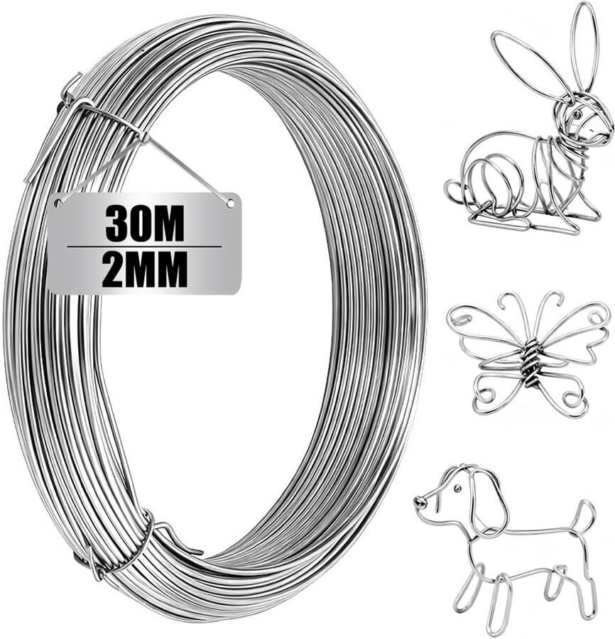 Dun buigzame draad om te knutselen binddraad 304 roestvrij stalen draad voor bloemendraad sieradendraad poppen doe-het-zelf modellering sculptuur (zilver Ø 2 mm 30 m)