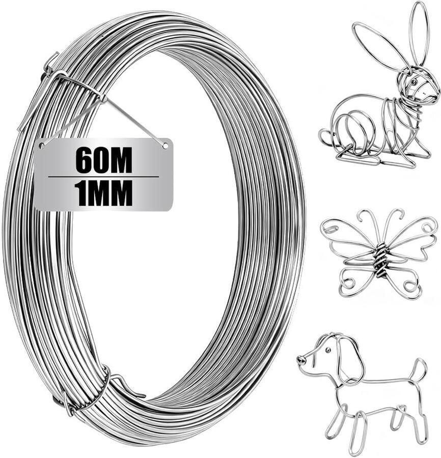 Dun buigzame draad om te knutselen binddraad 304 roestvrij stalen draad voor bloemendraad sieradendraad poppen doe-het-zelf modellering sculptuur (zilver Ø 1 mm 60 m)