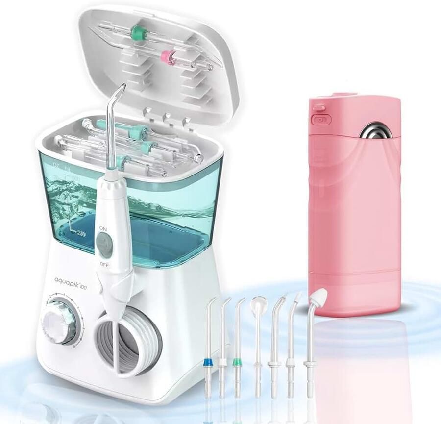 Duo Aquapik Mini 4 sproeiers set met monddouche voor op het bureau en draagbaar Aquapik 100 8 sproeiers 10 standen capaciteit 600 ml Aquapik Mini 4 sproeiers 5 modi capaciteit 140 ml