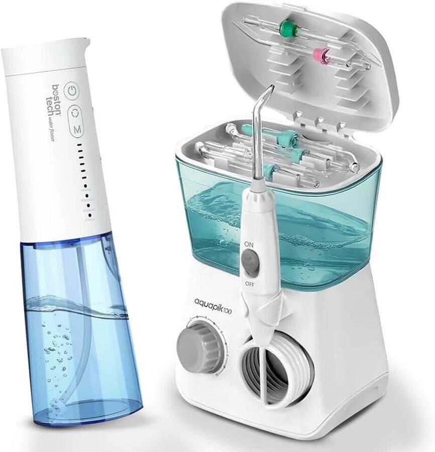 Duo monddouche Aquapik 100 Desktop + Aquapik One draagbaar door tandartsen aanbevolen verwijdert plaque verzorgt implantaten en orthodontie gebruik thuis en op reis