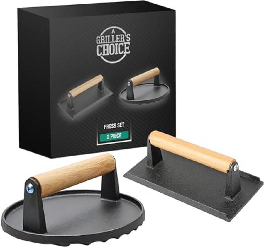 Duurzame gietijzeren grillpers set – 2-delig Perfect voor hamburgers steaks en grill koken