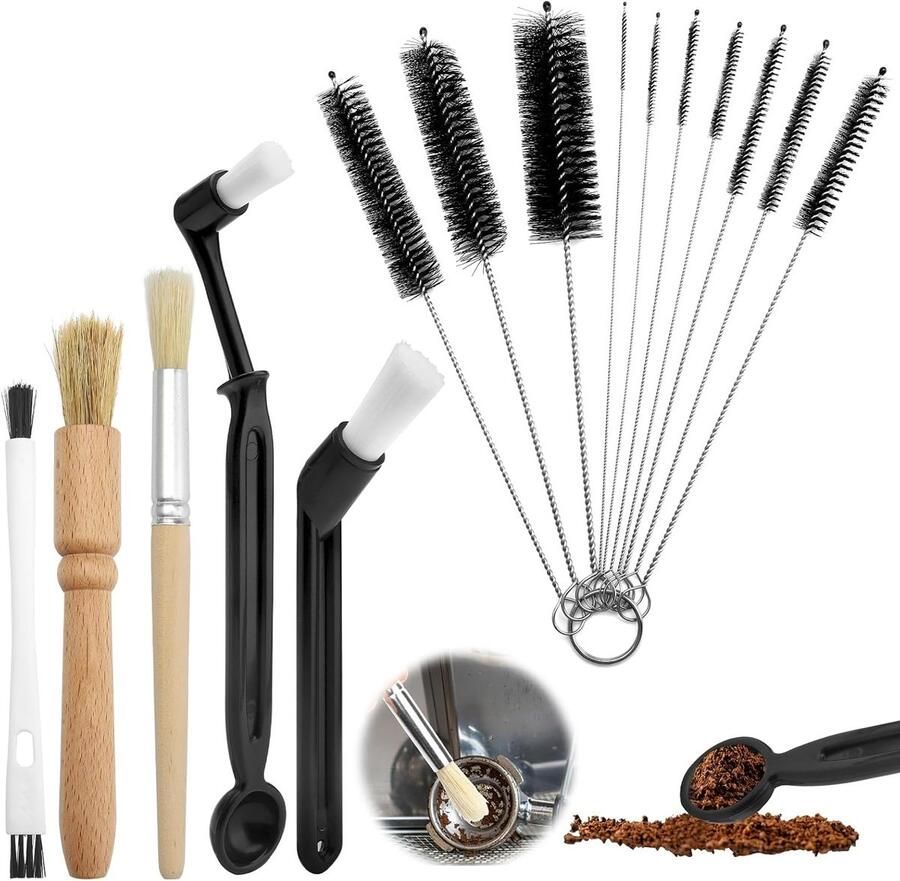 E-Ambar Koffieborstels Set voor Espressomachine Reiniging met Houten Handvat
